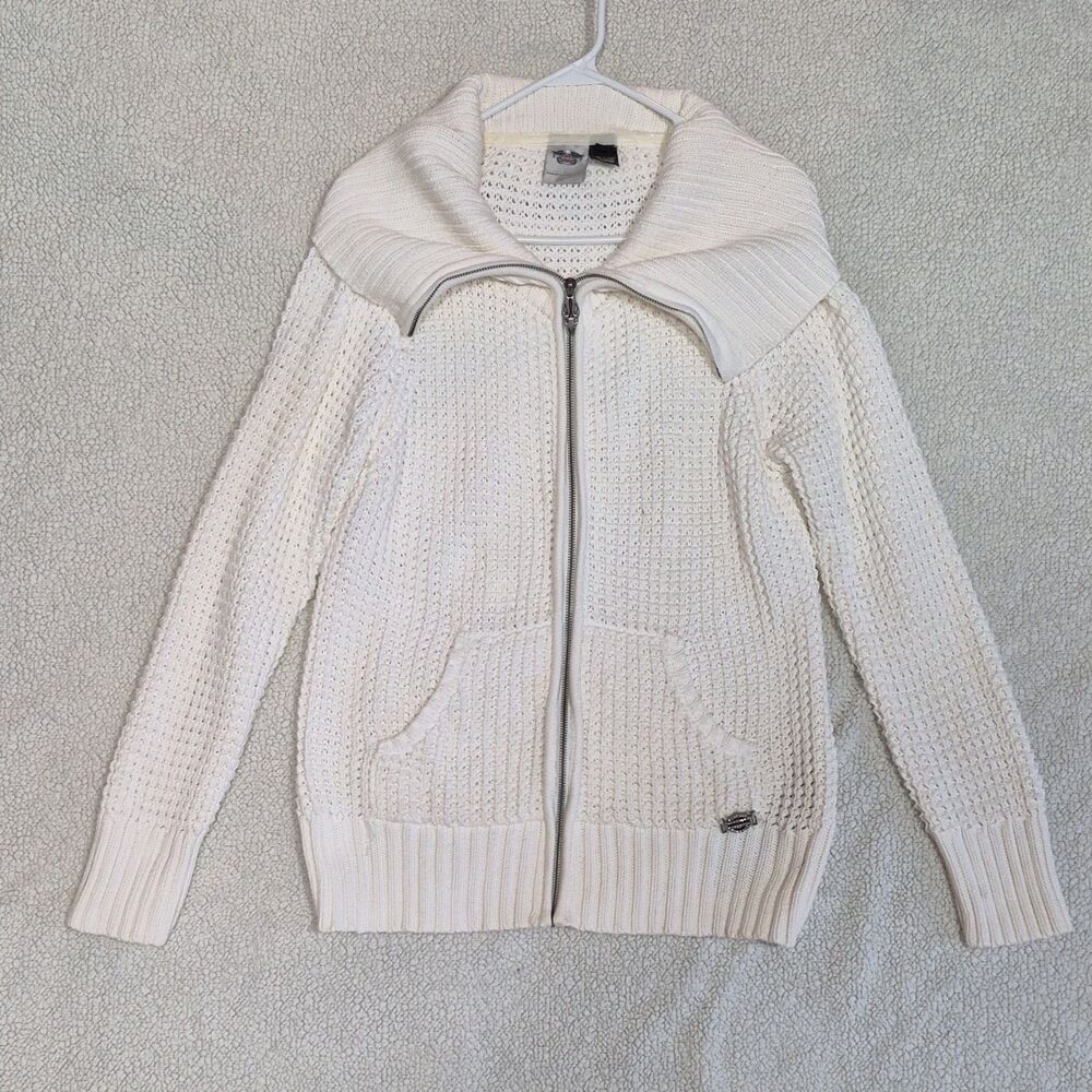 Harley-Davidson Womens 1W White Cotton Knit Full Zip Cowl Neck Sweater Logo